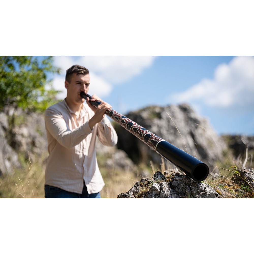 Didgeridoo En Bambou Sonic Energy - Léger (876 G), Longueur ~1 M, Diamètre 3,3 Cm - Design Noir à Pois Colorés - Pour Débutants